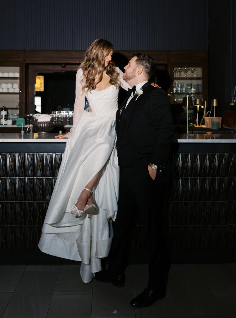 Bride and groom portrait with flash film photography at Springdale Station wedding venue