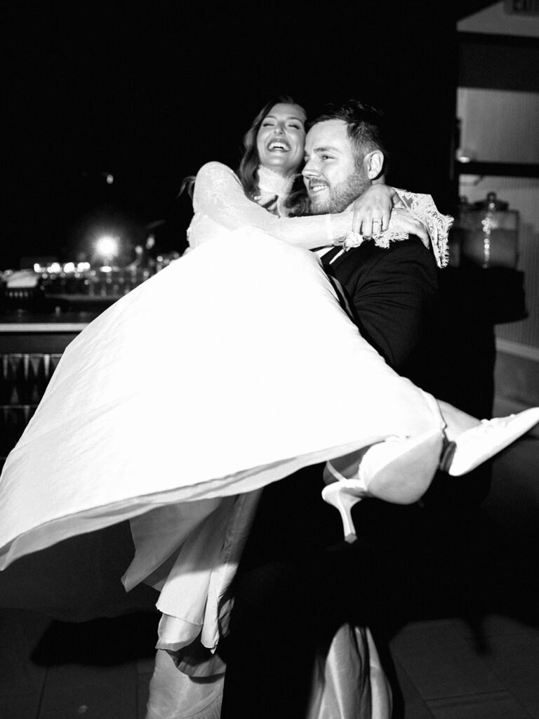 Bride and groom portrait with flash film photography at Springdale Station wedding venue