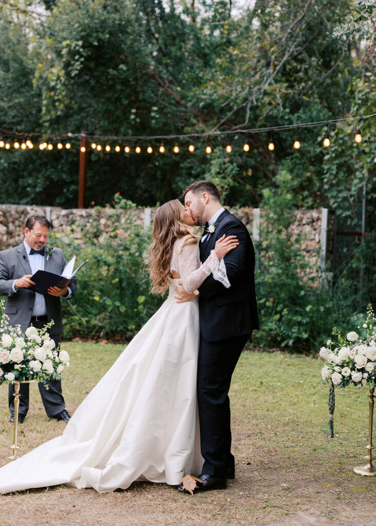 Outdoor wedding ceremony at Springdale Station on a November day on film