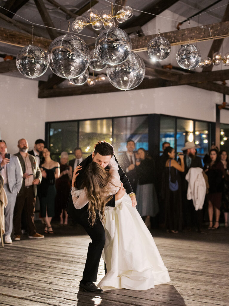 Guests dancing during a lively wedding reception in Austin, Texas