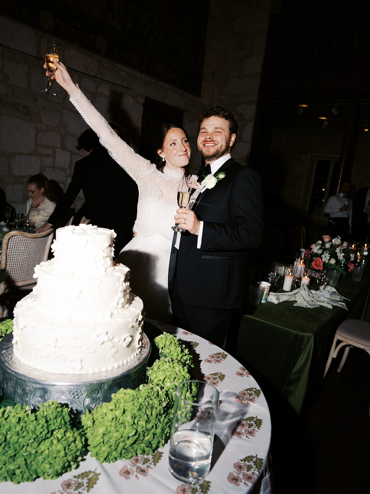 Dance floor at the reception uring a winter wedding at the Southwest School of Art in San Antonio on film