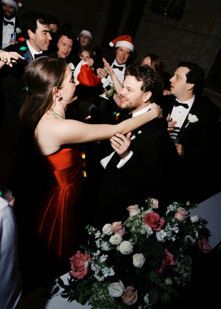 Dance floor at the reception uring a winter wedding at the Southwest School of Art in San Antonio on film