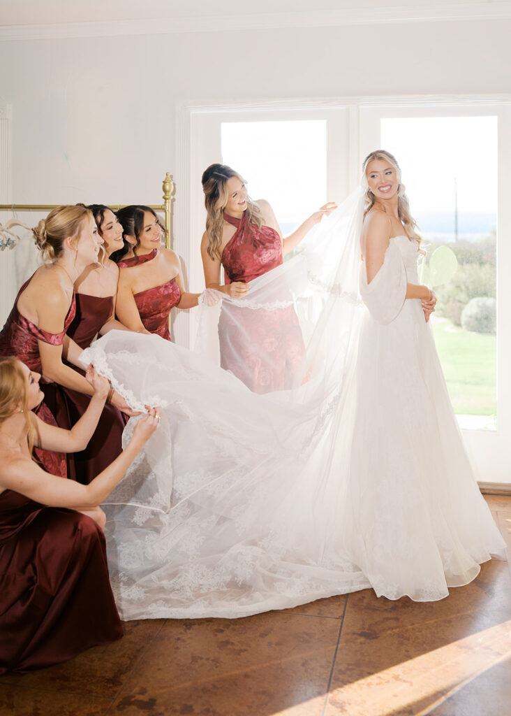 Bride getting ready at Vintage Villas on her winter wedding day