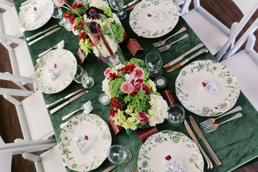 Reception setup inside Vintage Villas with rich tones and cozy textures on 35mm film