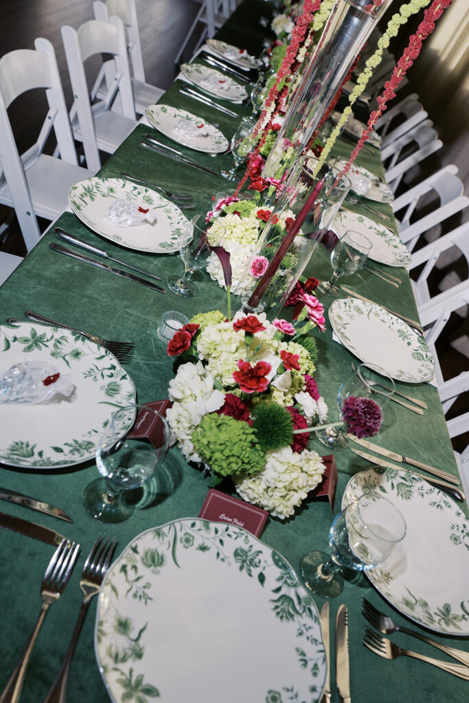 Reception setup inside Vintage Villas with rich tones and cozy textures on 35mm film