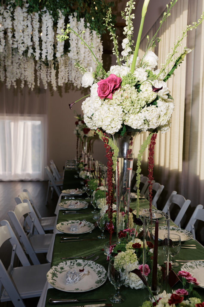 Reception setup inside Vintage Villas with rich tones and cozy textures on 35mm film