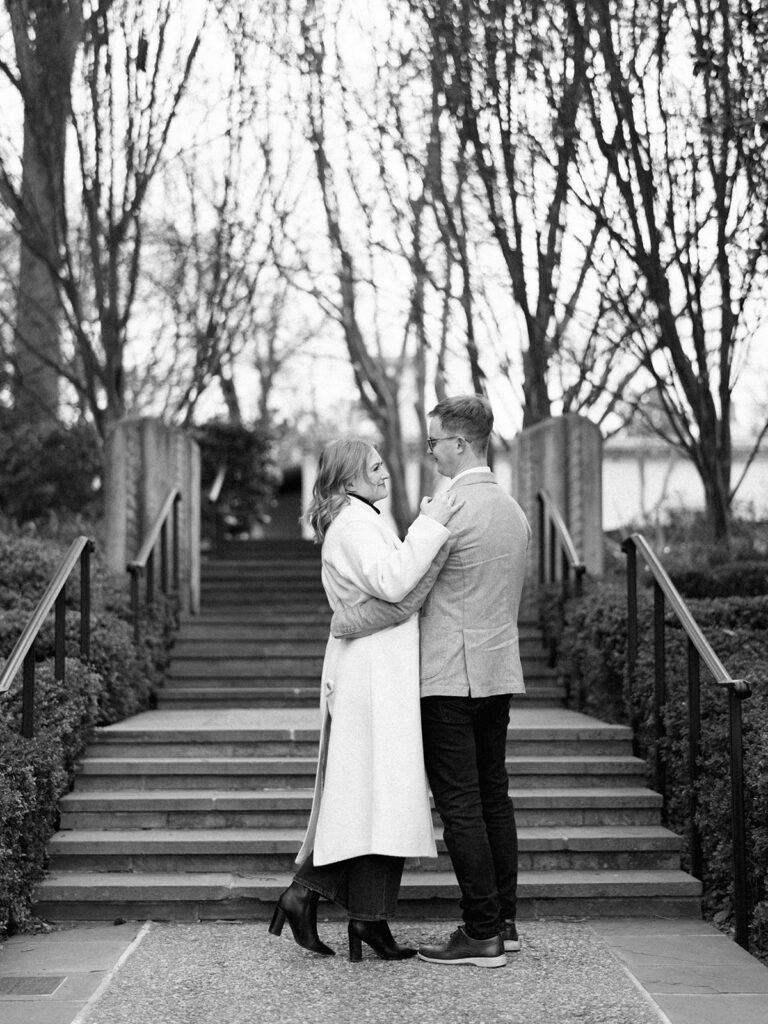 Garden engagement photos at the Dallas Arboretum in winter