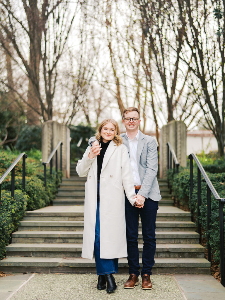 Candid moments captured on film during an arboretum engagement session