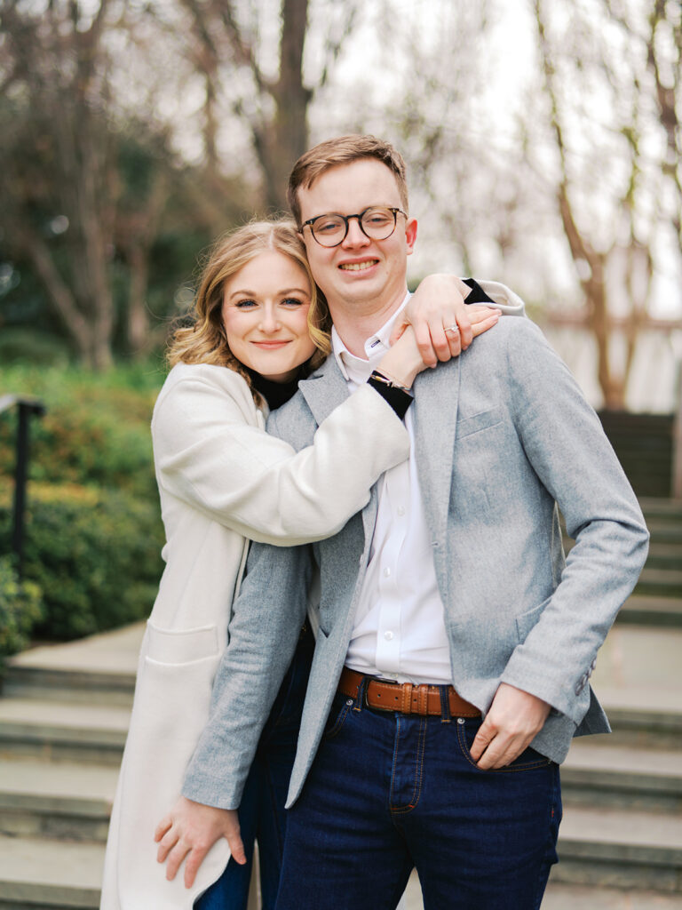Candid moments captured on film during an arboretum engagement session