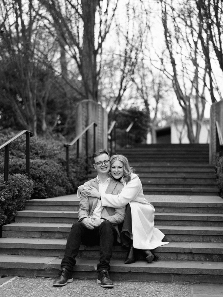 Candid moments captured on film during an arboretum engagement session