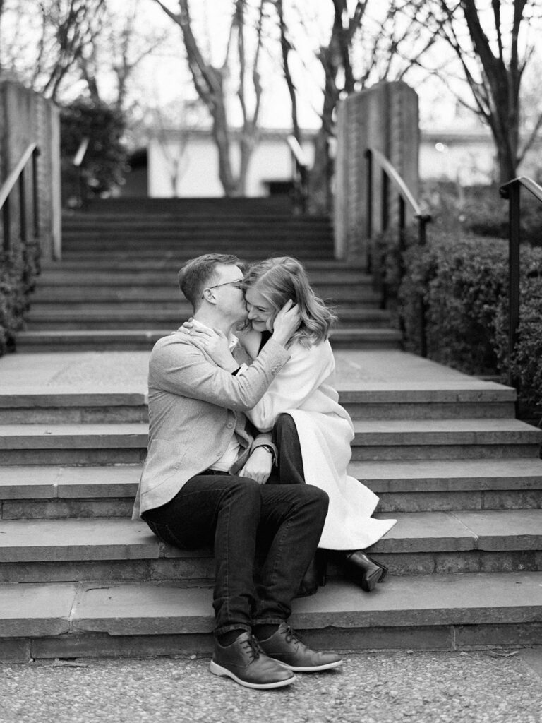 Candid moments captured on film during an arboretum engagement session