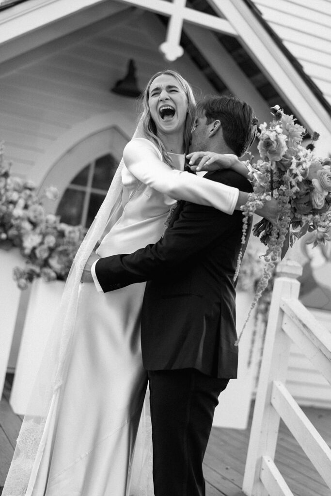 Bride and groom celebrating during their Round Top Texas wedding