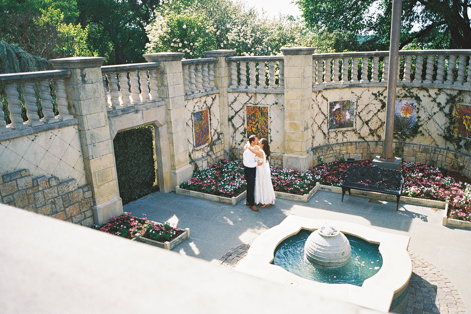 Dallas Arboretum film engagement photos with spring flowers and golden sunshine