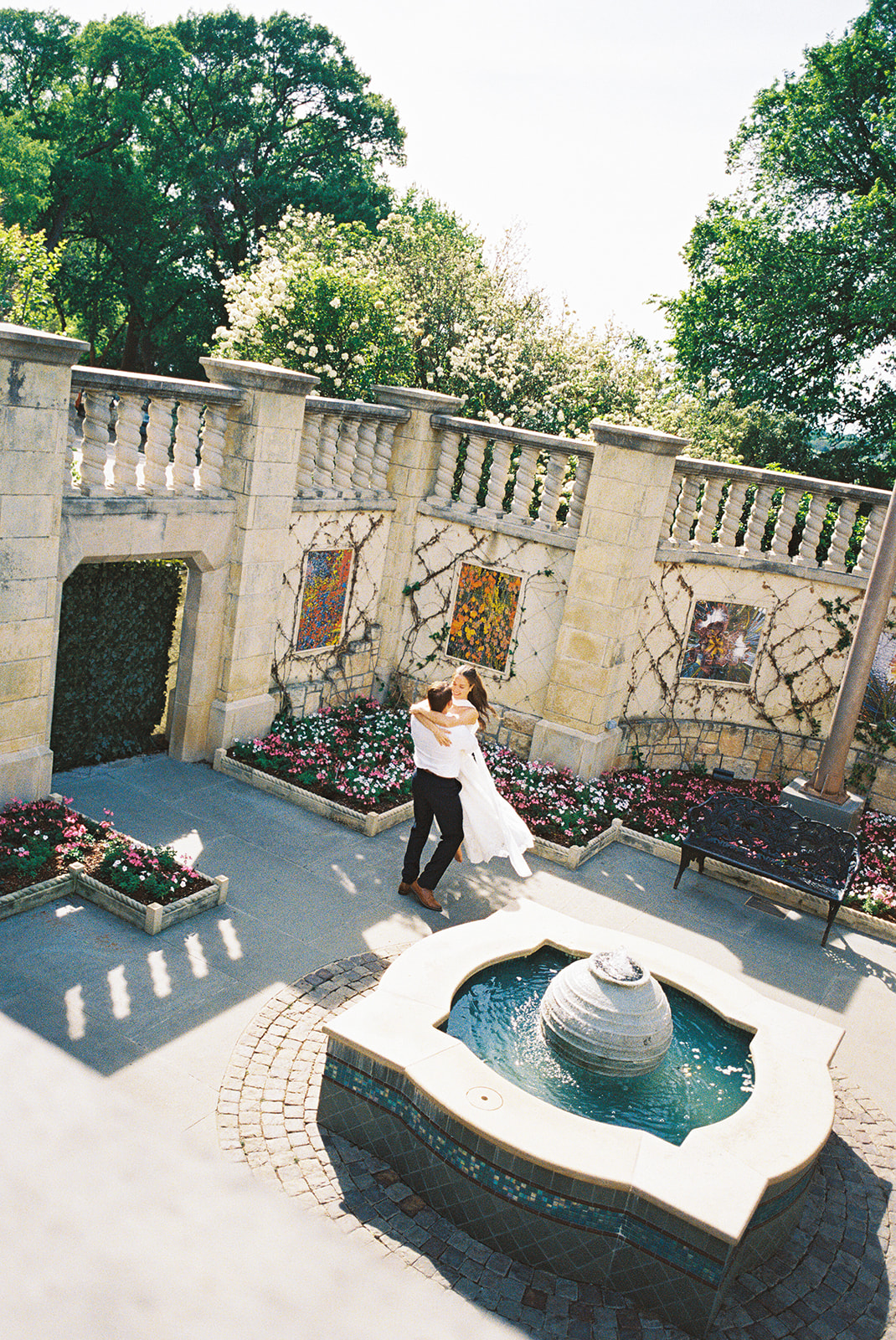 Dallas Arboretum film engagement photos with spring flowers and golden sunshine