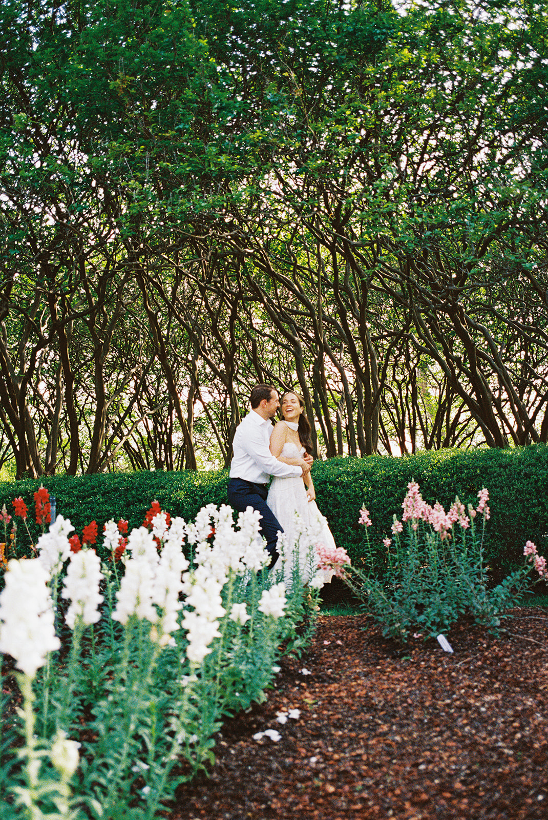 Colorful Dallas Arboretum engagement photos with blooming gardens and sunshine