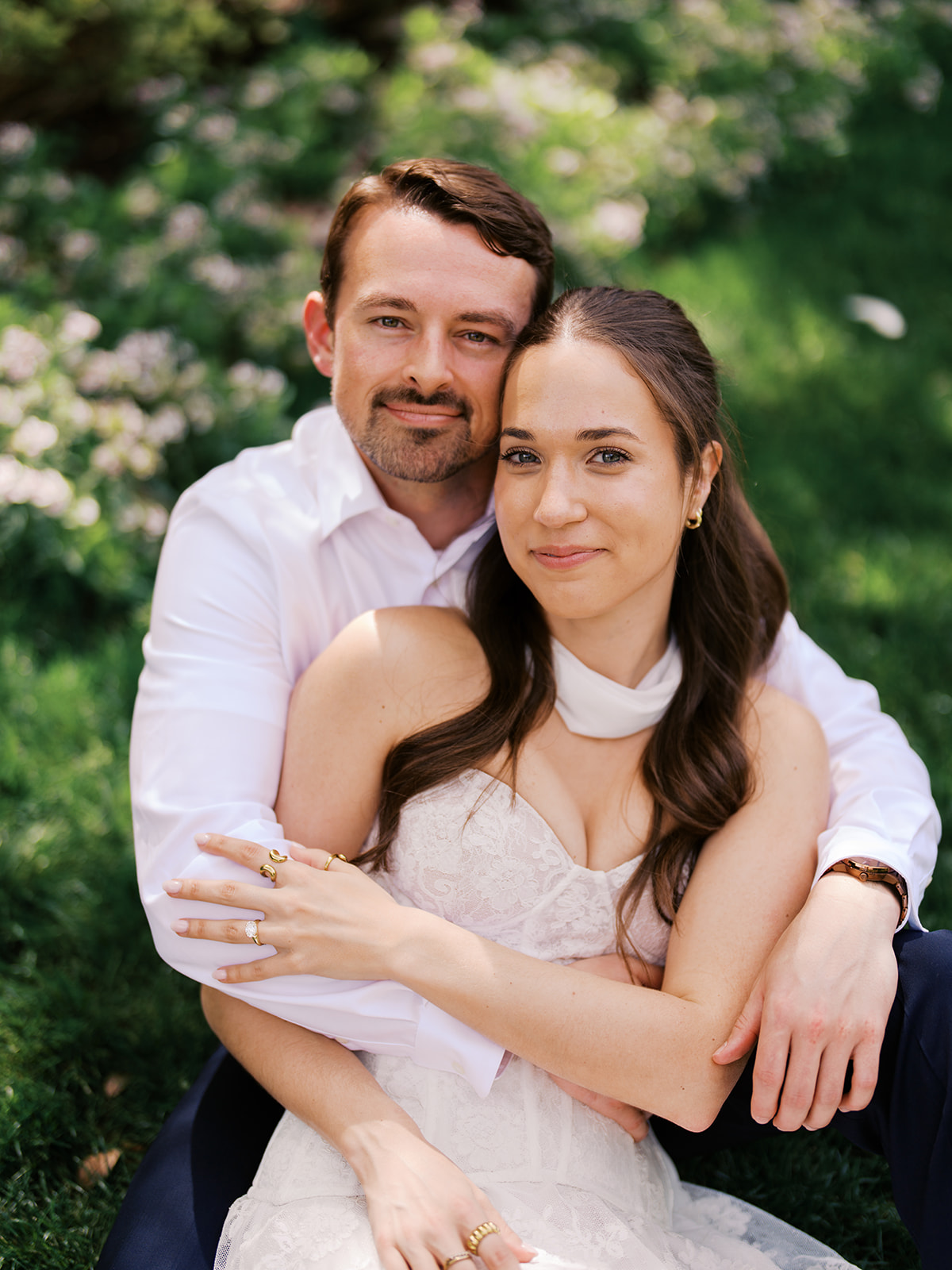 Film engagement portraits at the Dallas Arboretum surrounded by vibrant spring florals