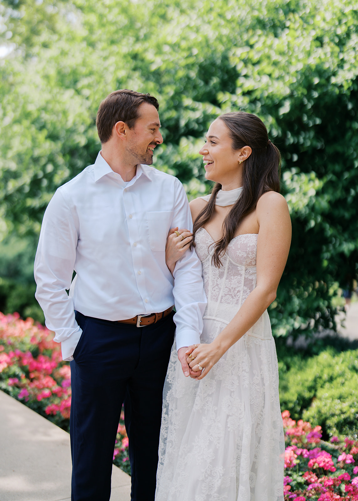 Film engagement portraits at the Dallas Arboretum surrounded by vibrant spring florals