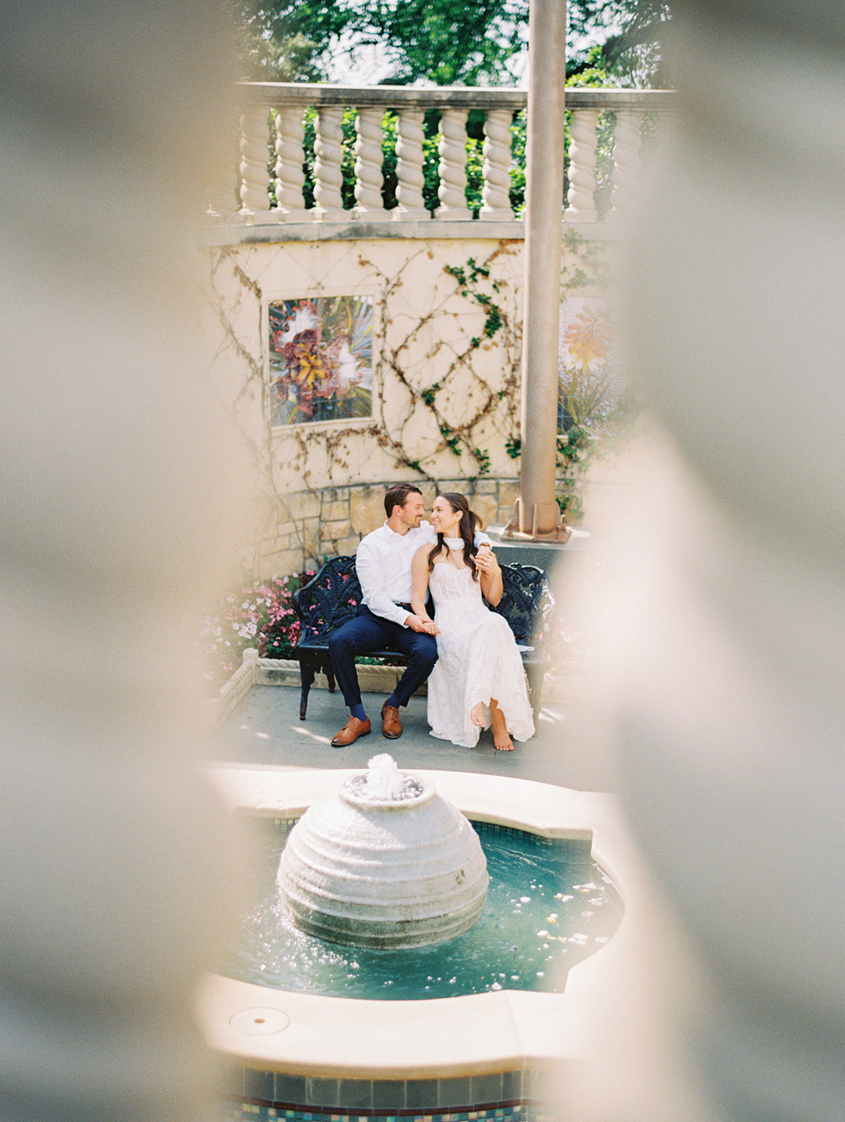 Film engagement portraits at the Dallas Arboretum surrounded by vibrant spring florals