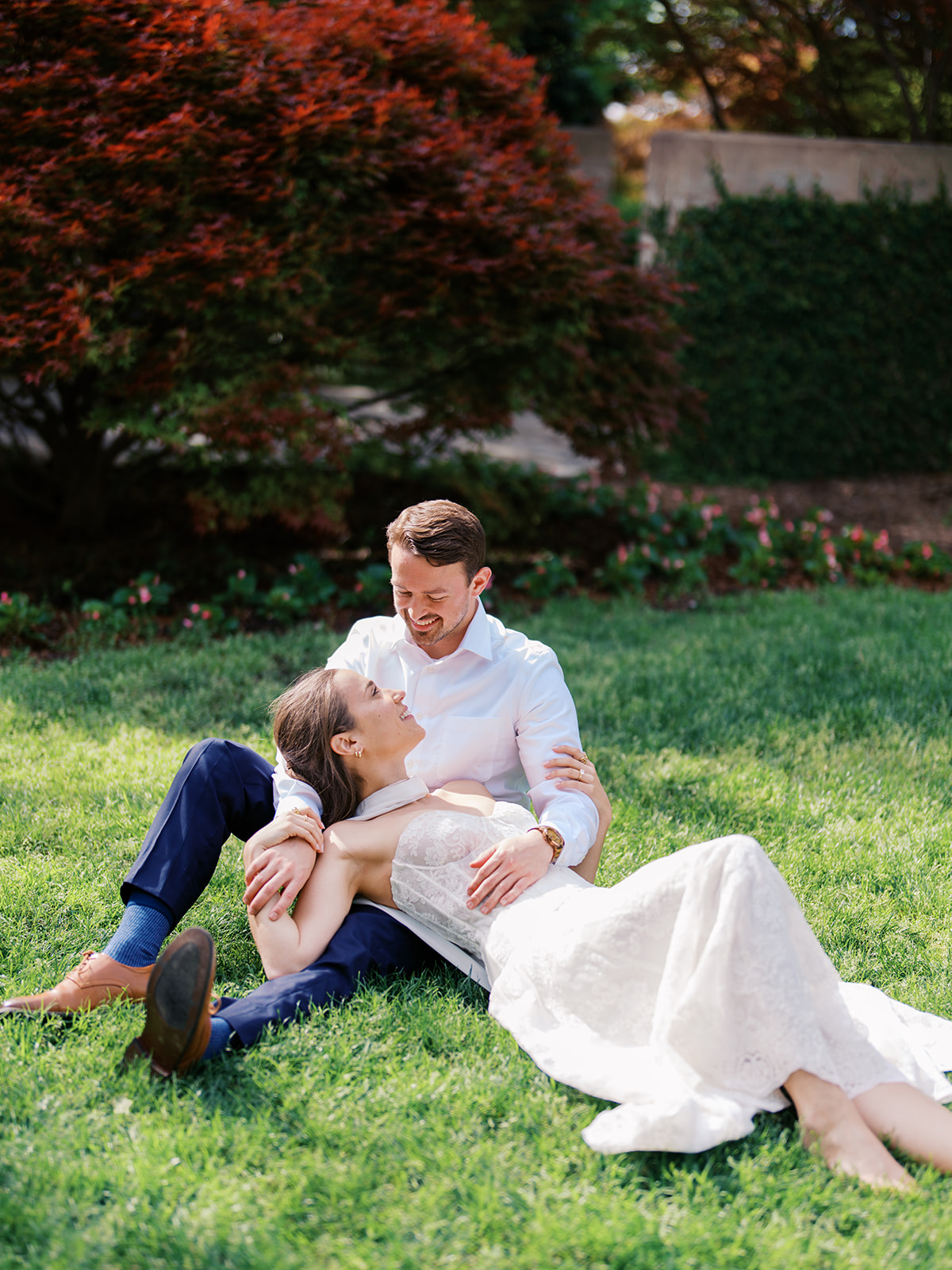 Sunny Dallas Arboretum engagement photos with dreamy film tones and flowers