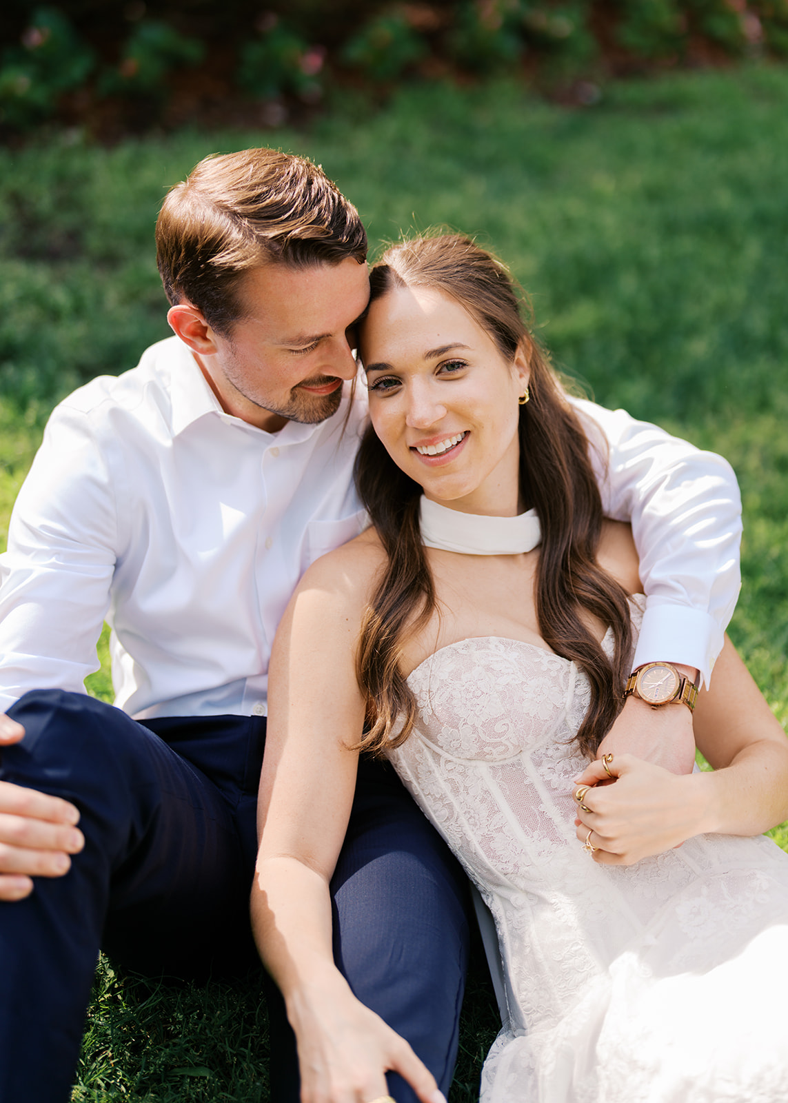 Sunny Dallas Arboretum engagement photos with dreamy film tones and flowers