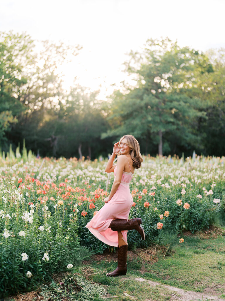 Film senior session with soft sunshine and white architecture at The Grand Lady