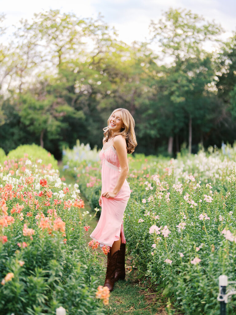 Film senior session with soft sunshine and white architecture at The Grand Lady