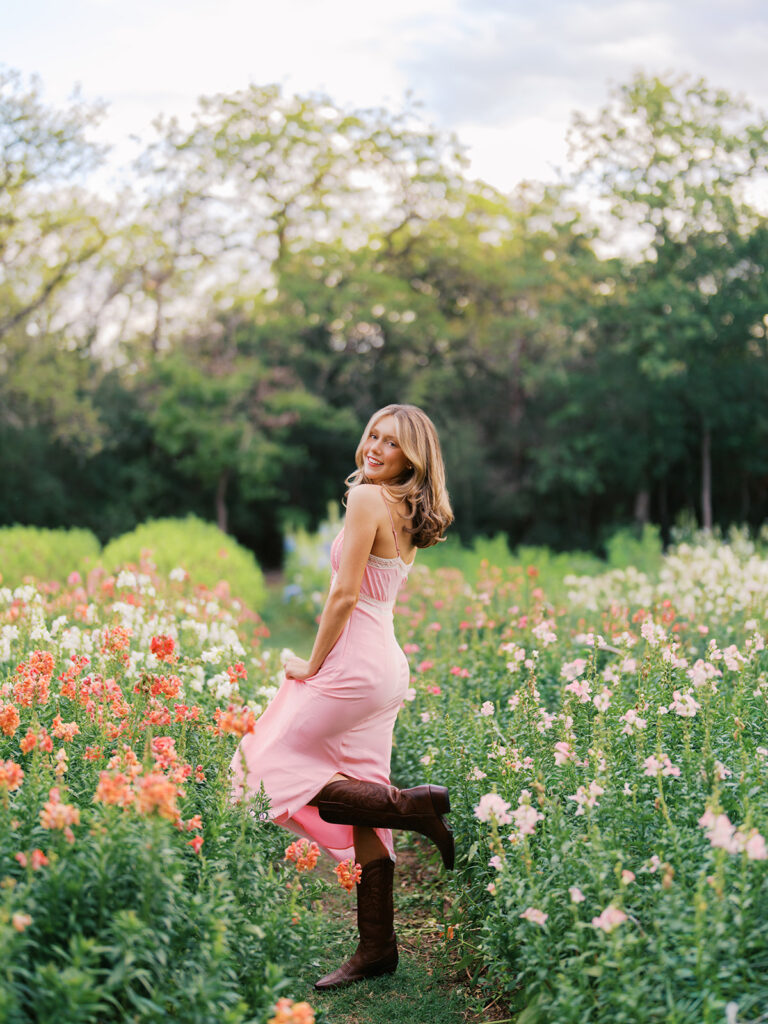 Film senior session with soft sunshine and white architecture at The Grand Lady