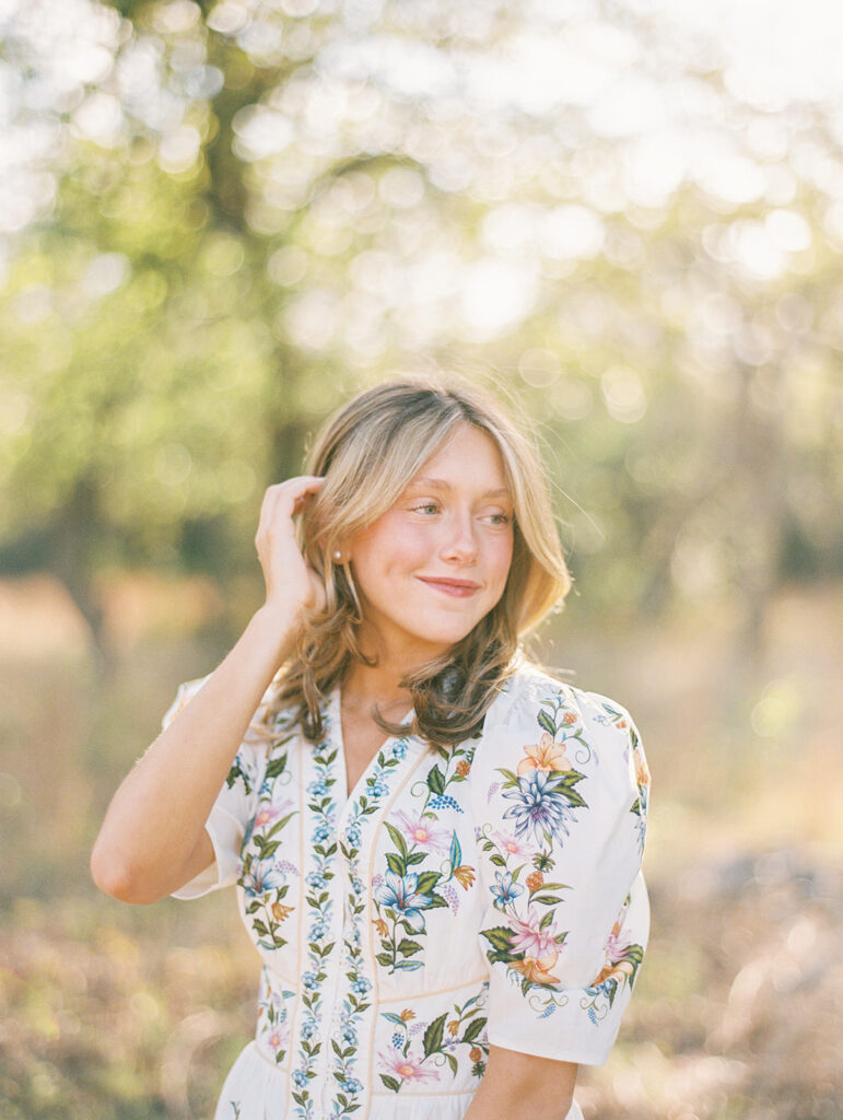 Grand Lady senior photos captured on film with glowing golden hour light
